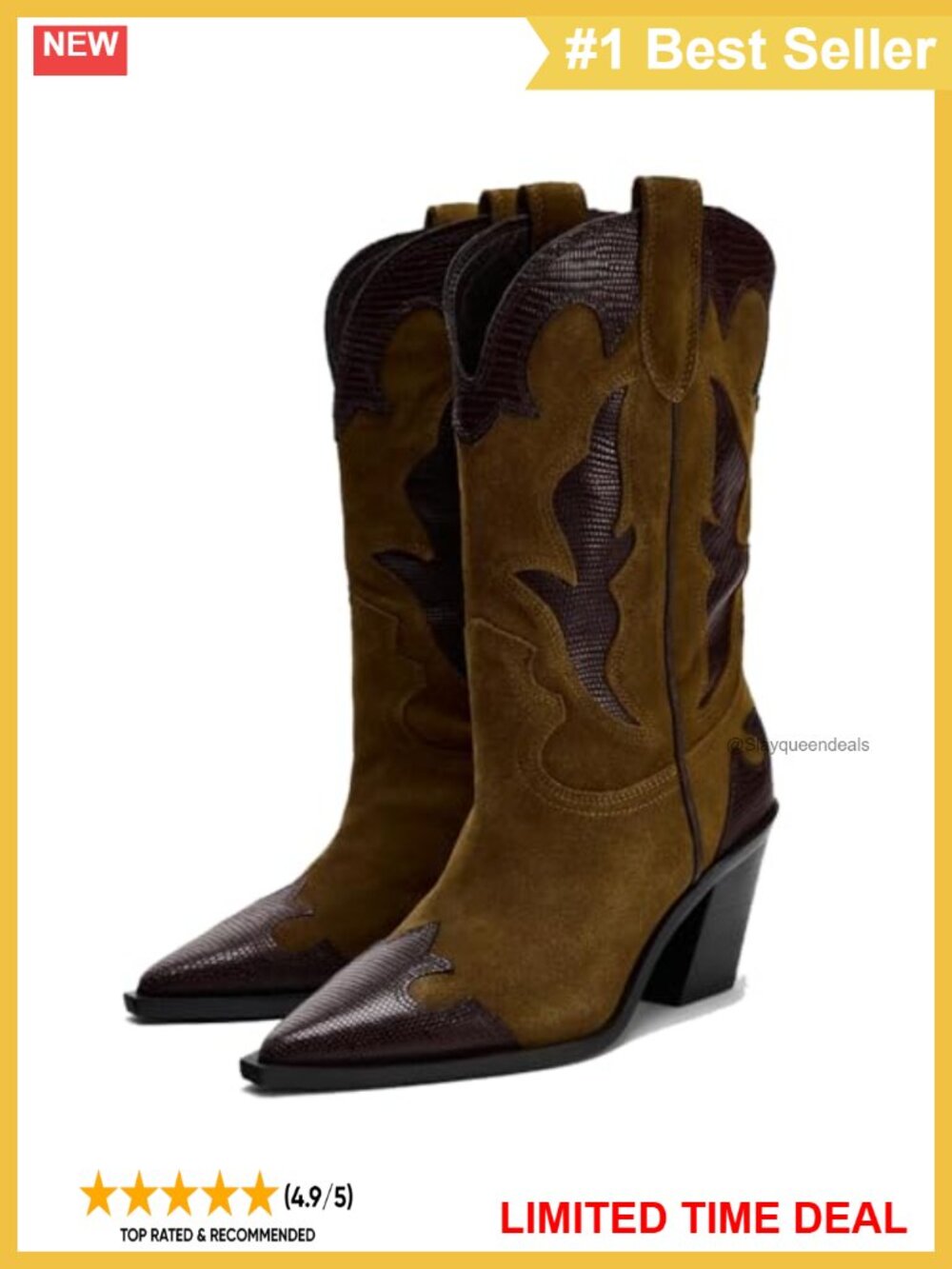 Wide Calf Suede Cowboy Mid Calf Boots Pointed Toe Chunky Heel Pull On